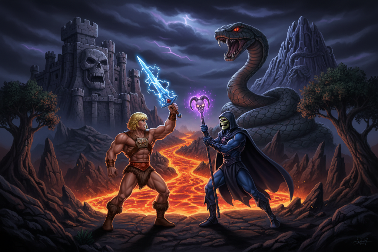 Masters of the Universe- dunkler Hintergrund,schloss grayskull und snake mountain, lava, he-man und skeltor